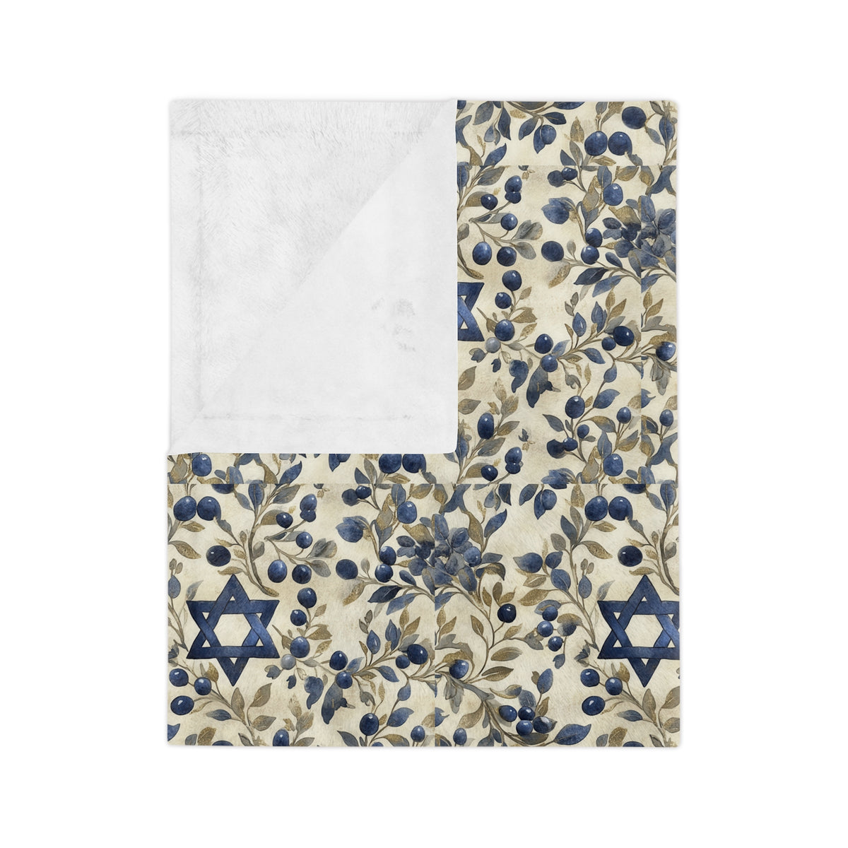 Folded corner of the Blue Star of David botanical blanket showing white fleece back