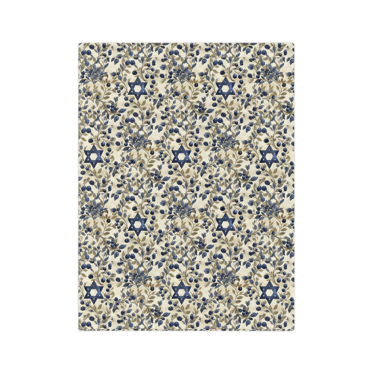 Full design of the cream Blue Star of David blanket with blue berries, leaves and Stars of David