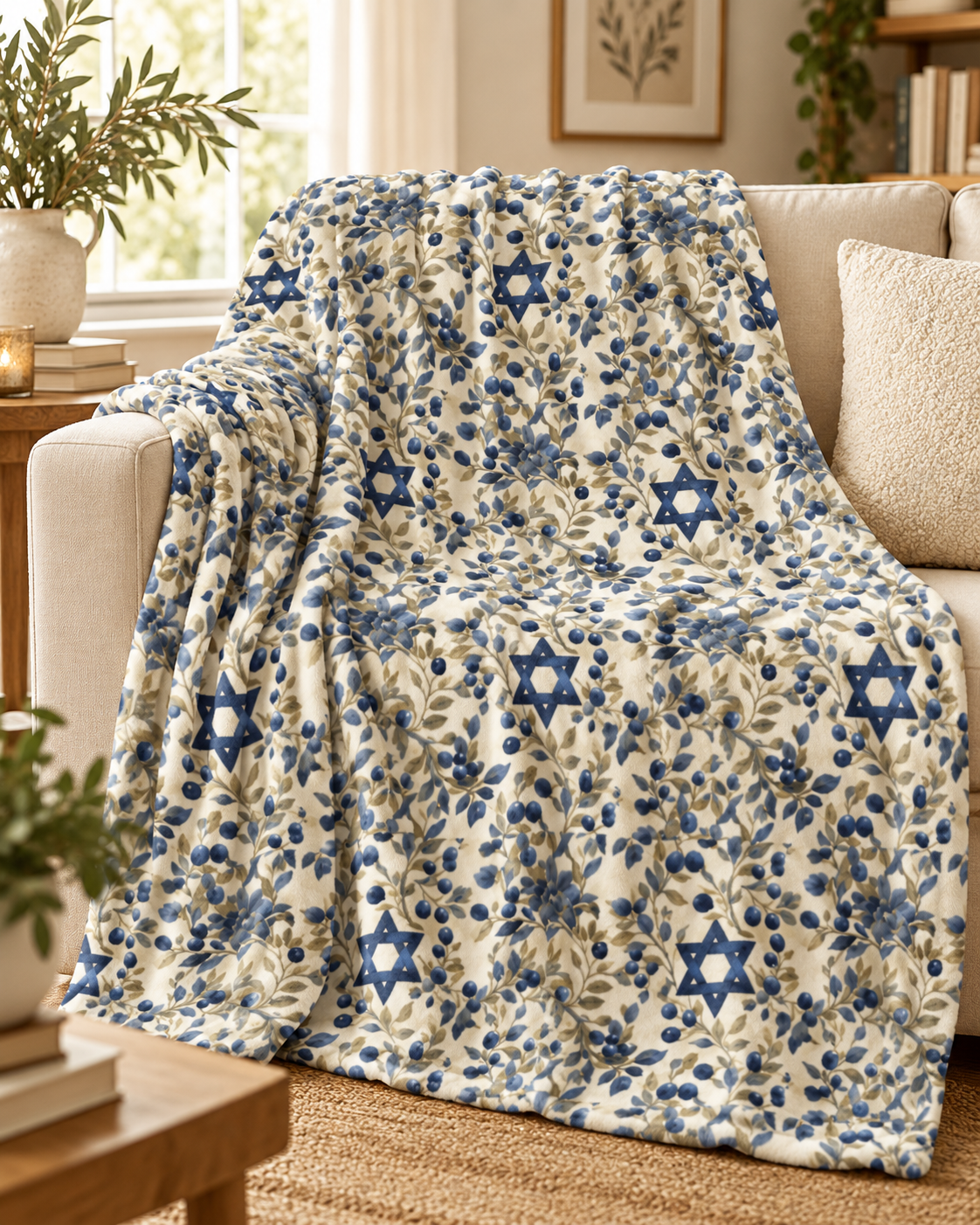 Cream blanket with blue Stars of David and blue berry botanical pattern draped over a sofa