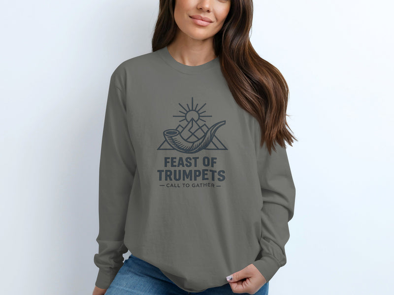 "Feast of Trumpets - Call to Gather" graphic on a grey long-sleeved shirt