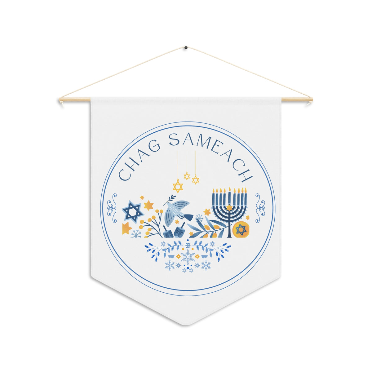 White Chag Sameach Hanukkah wall pennant with a blue hanukkiah, Stars of David and a dove, shown on a white background