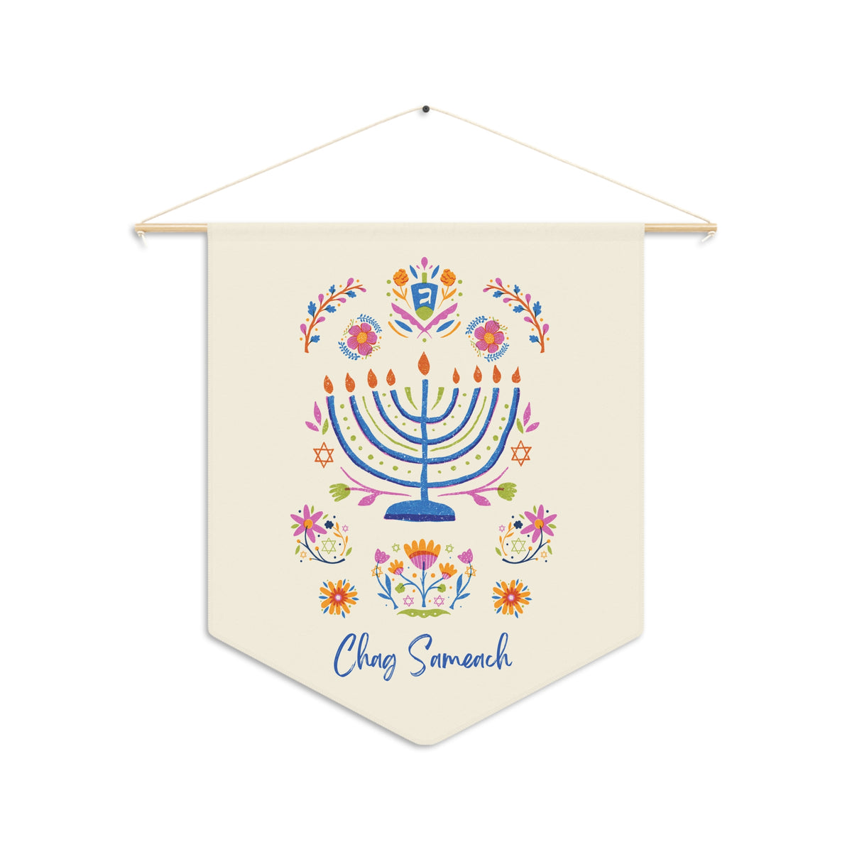 Cream Chag Sameach Hanukkah wall pennant with a blue hanukkiah, dreidel and colorful folk flowers, shown on a white background