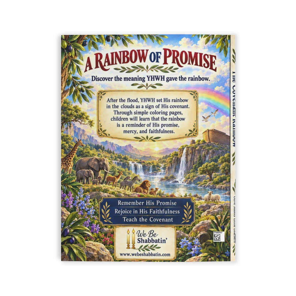 Back cover of The Covenant Rainbow coloring book, "A Rainbow of Promise", with animals and a waterfall