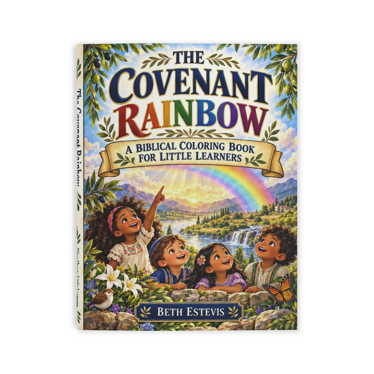 Front cover of The Covenant Rainbow, a biblical coloring book with children looking at a rainbow