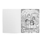 The Covenant Rainbow coloring book open to a "Noah walked with YHWH" page of Noah and his family
