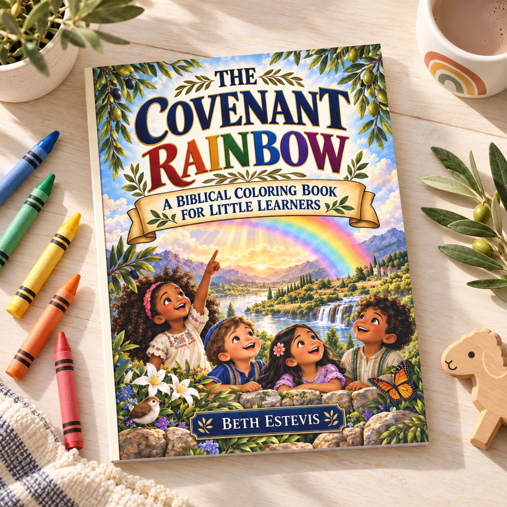 The Covenant Rainbow coloring book on a table with crayons, a mug and a wooden toy