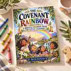 The Covenant Rainbow coloring book on a table with crayons, a mug and a wooden toy