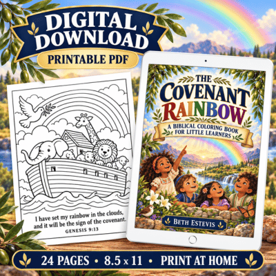 The Covenant Rainbow printable PDF coloring book on a tablet beside a Noah's ark page, 24 pages