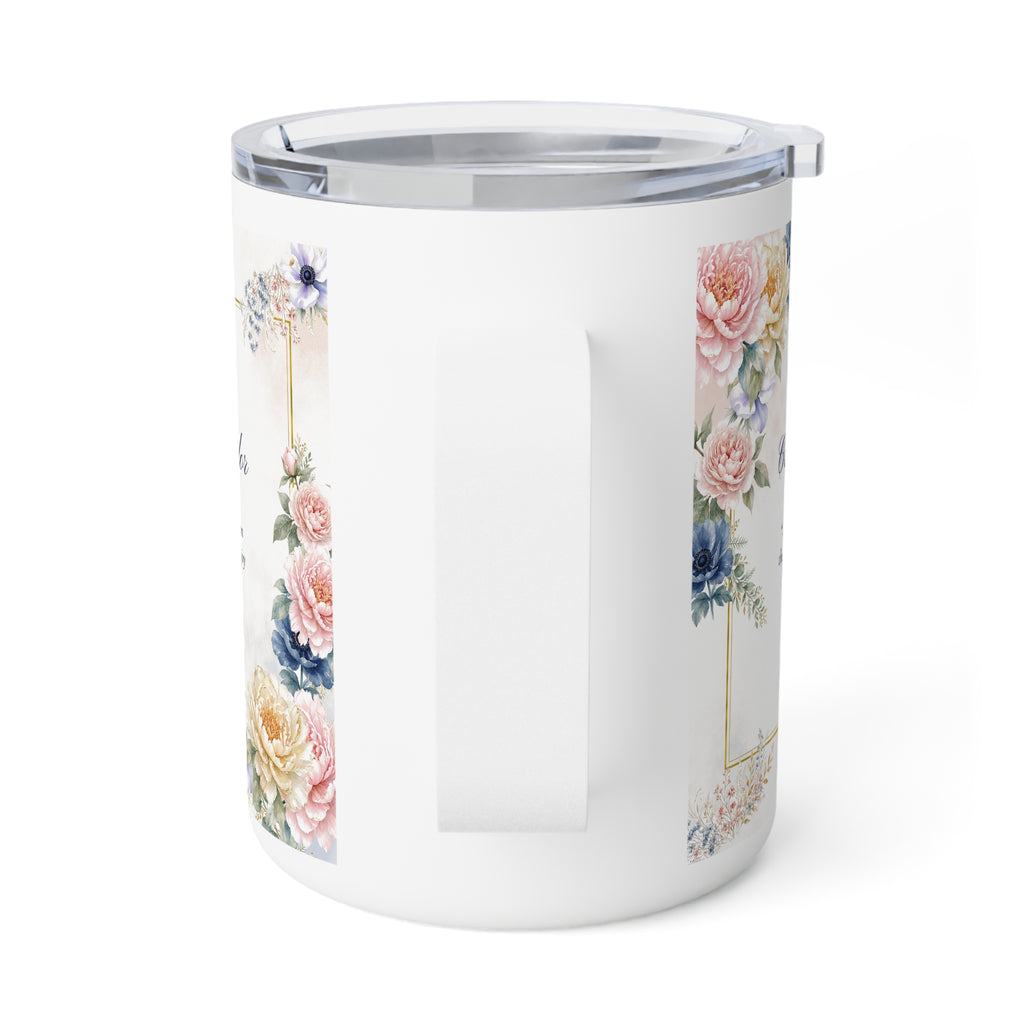 Back of the Crowned in Splendor insulated mug showing the handle and peony and anemone edges