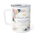 Crowned in Splendor floral insulated mug with Isaiah 61:3 and Hebrew pe'er, handle left