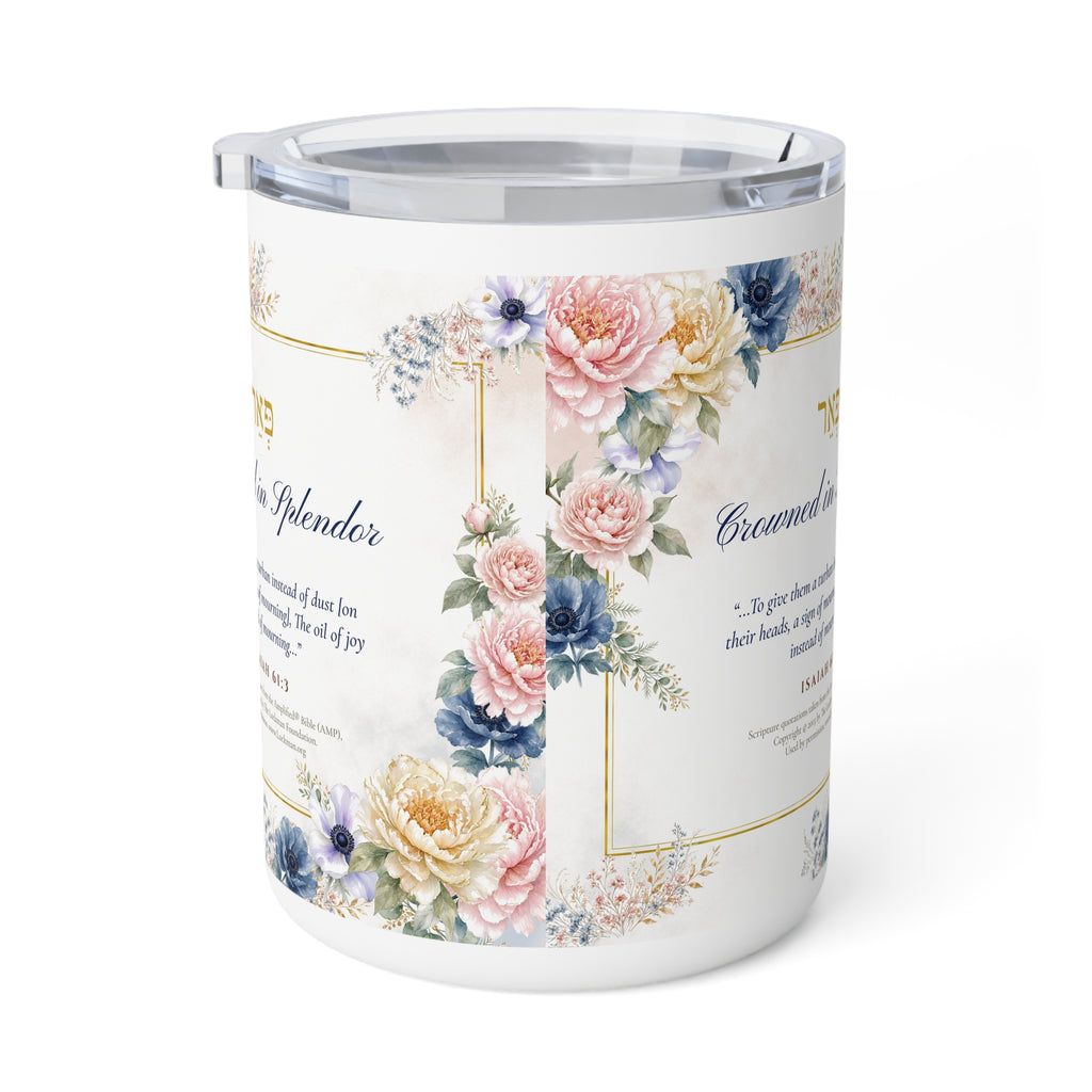 Side view of the Crowned in Splendor floral insulated mug showing the Isaiah 61:3 design twice with peonies