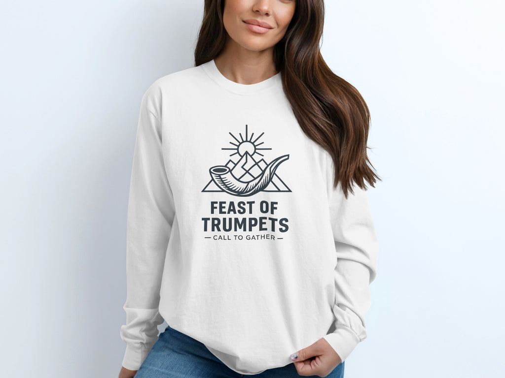 White long-sleeve shirt with "Feast of Trumpets Call to Gather" text and a shofar.