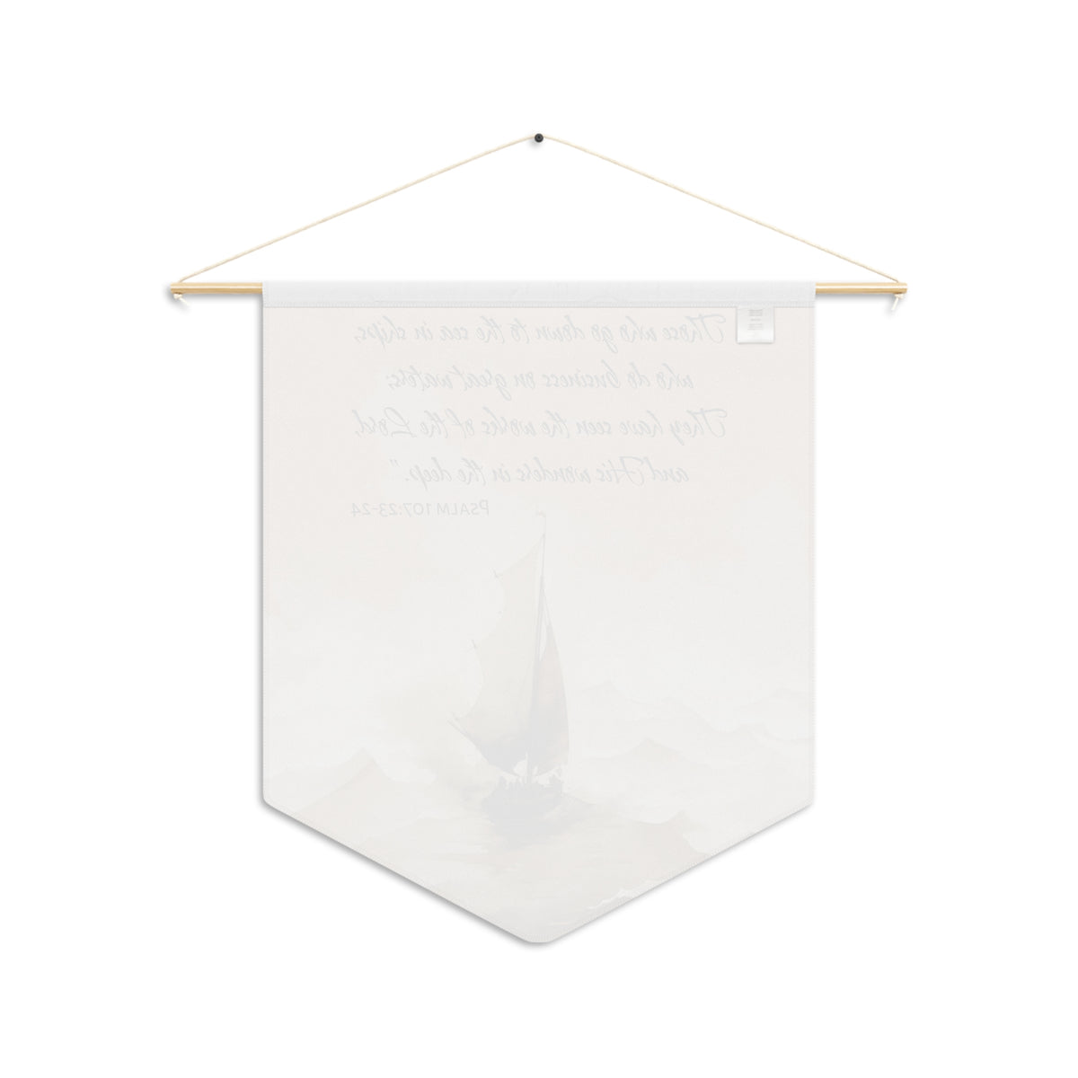 Back of the Psalm 107:23-24 wall pennant, with the print showing faintly through the white fabric