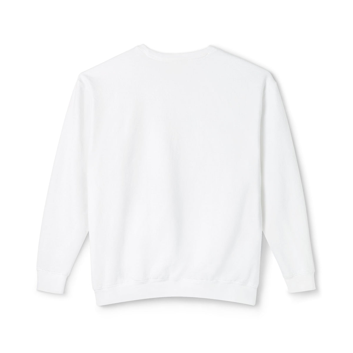 Back of the plain white Dwell in His Goodness Sukkot sweatshirt laid flat on a white background