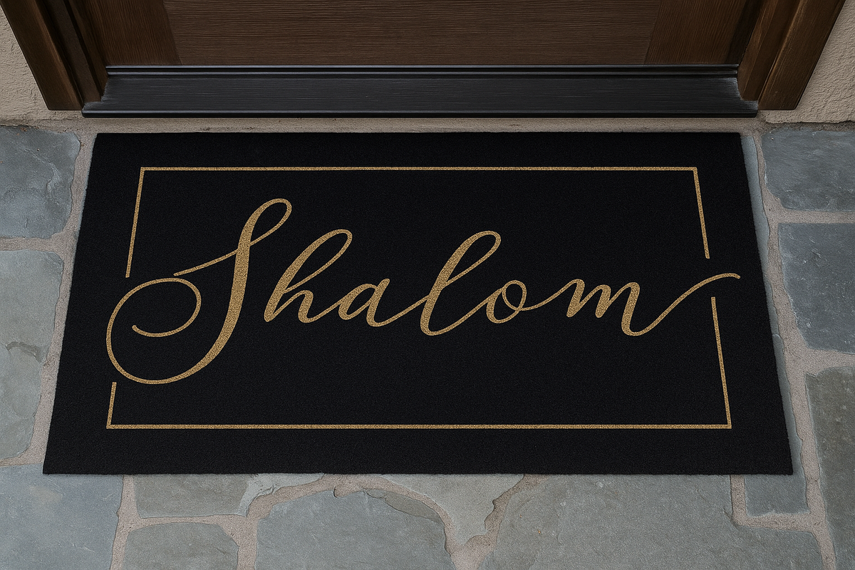 Black entryway rug with "Shalom" in gold script inside a thin gold frame, at a front door on stone tile
