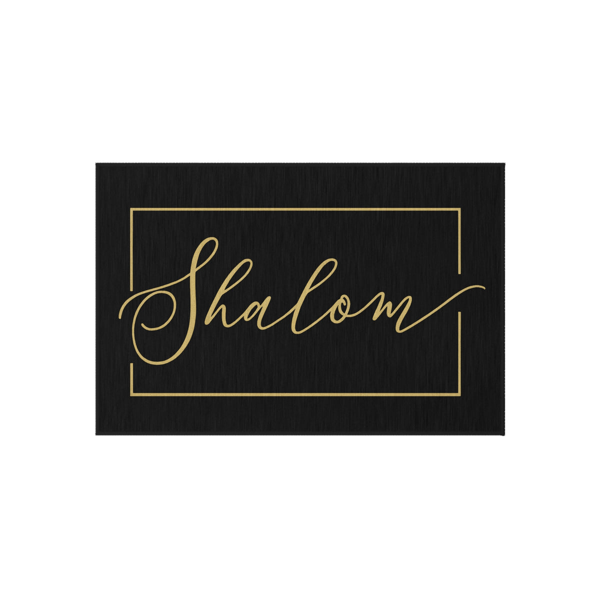 Black entryway rug with "Shalom" in flowing gold script inside a thin gold rectangle, on white