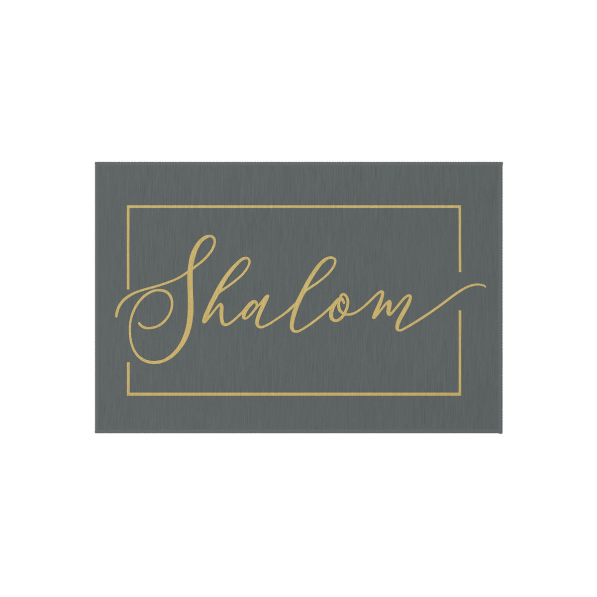 Dark gray entryway rug with "Shalom" in gold script inside a thin gold frame, on white
