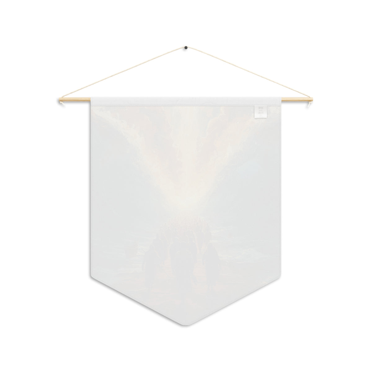 Back of the Exodus wall pennant, with the print showing faintly through the white fabric