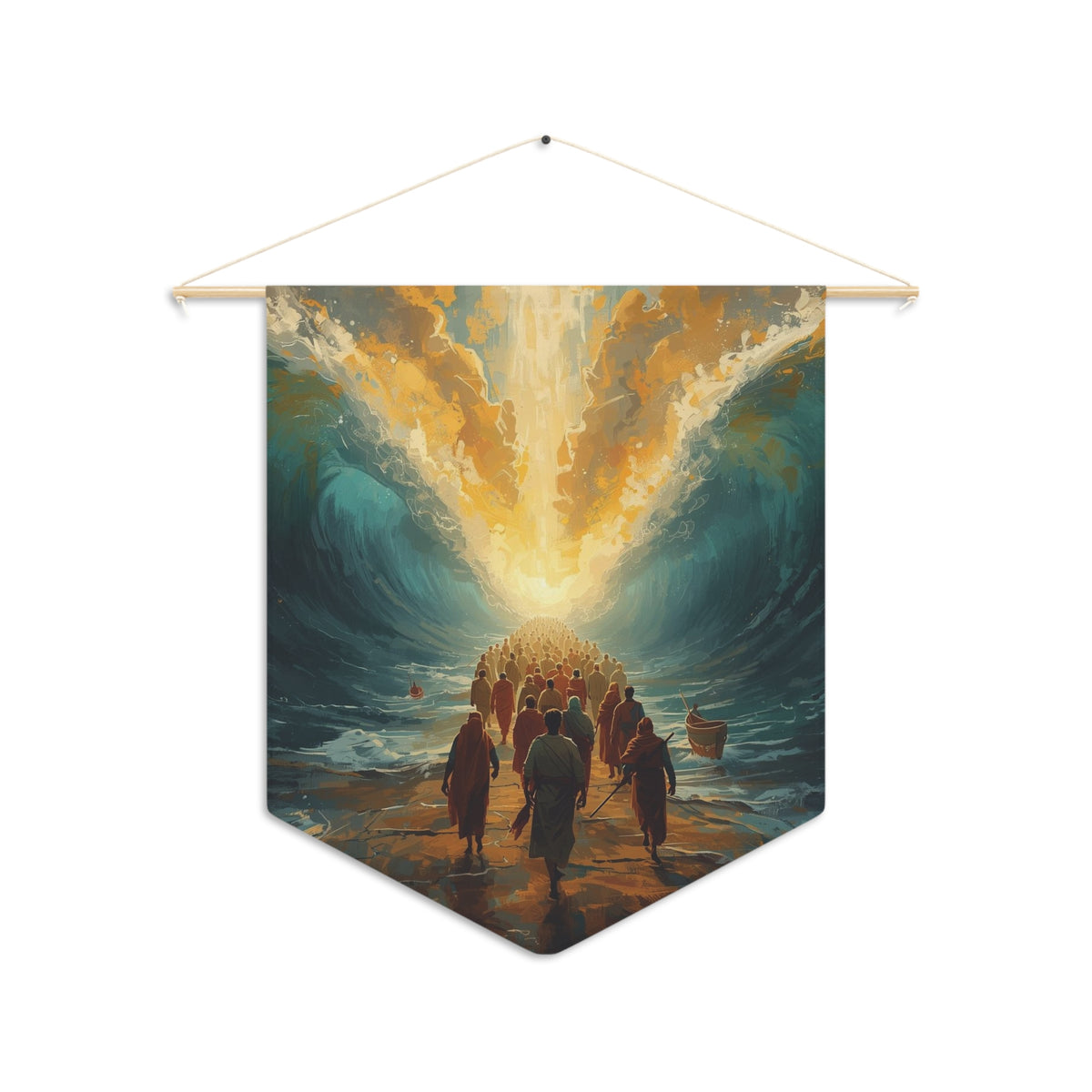 The Exodus wall pennant painting of Israelites crossing the Red Sea between towering waves, shown on a white background