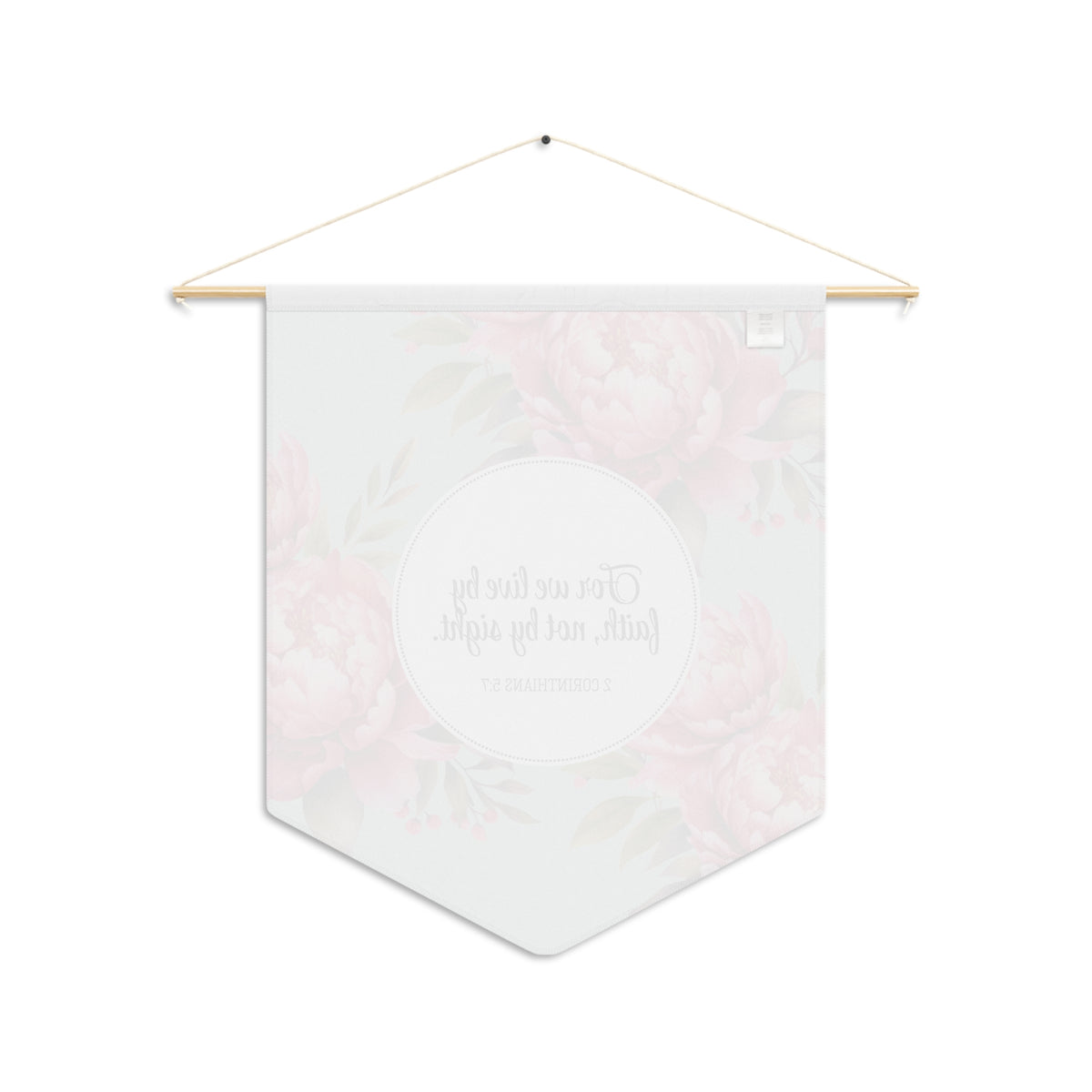 Back view of the faith, not by sight peony pennant showing the white reverse with the design faintly visible