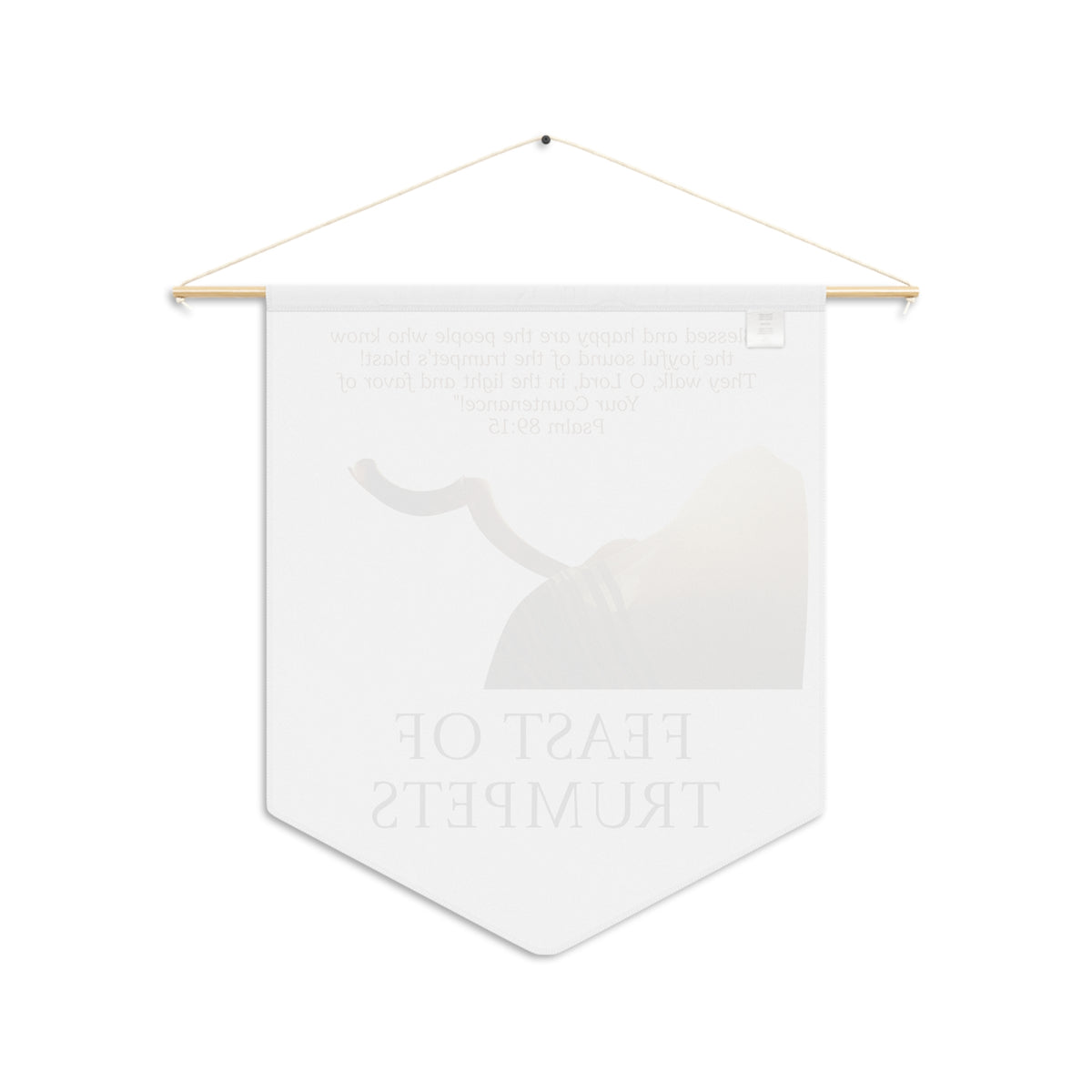Back of the Feast of Trumpets wall pennant, with the print showing faintly through the white fabric