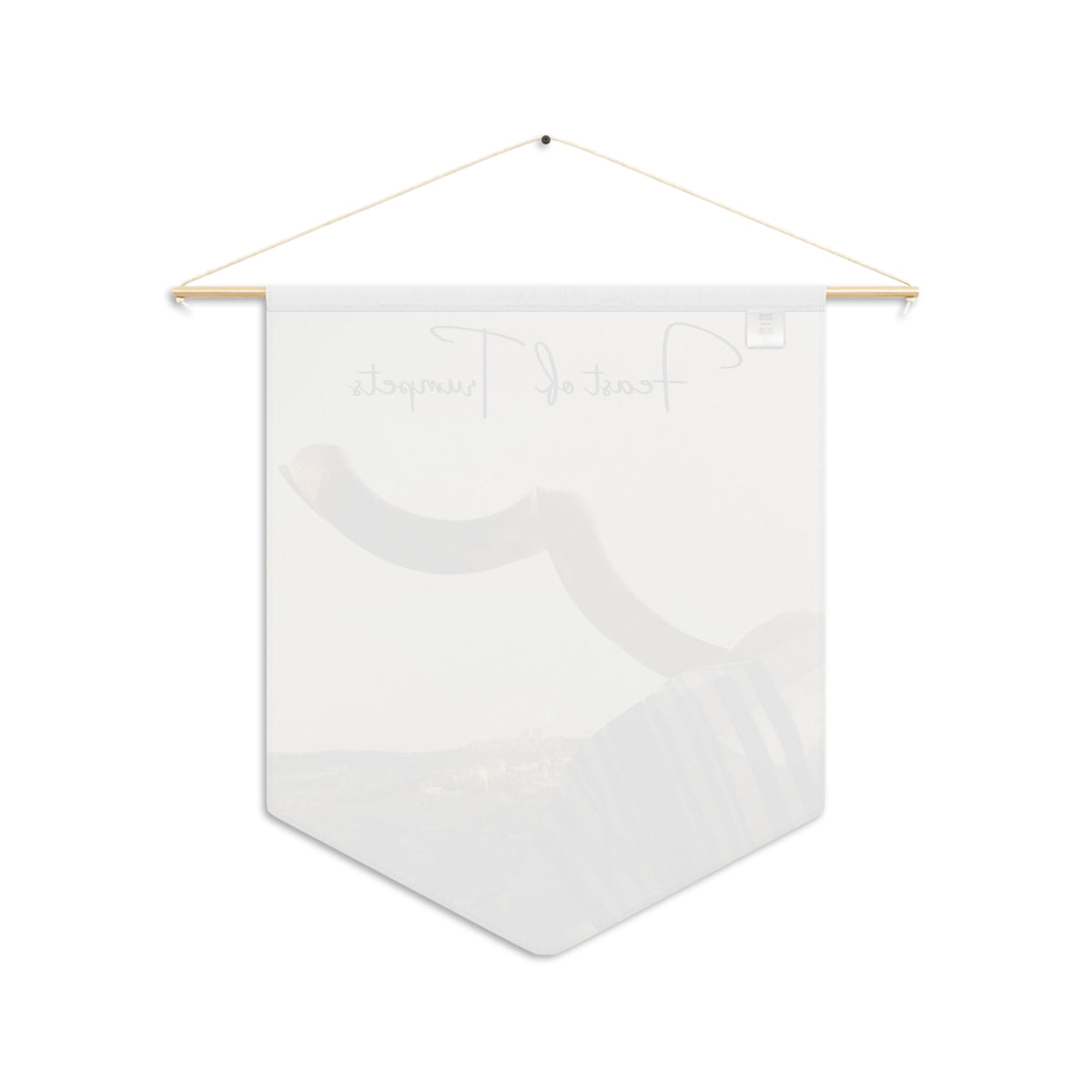 Back of the Feast of Trumpets wall pennant, with the print showing faintly through the white fabric