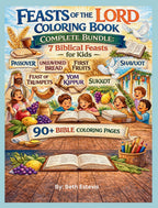 Cover of the Feasts of the Lord Coloring Pages Bundle digital download with feast symbols and Bible coloring pages