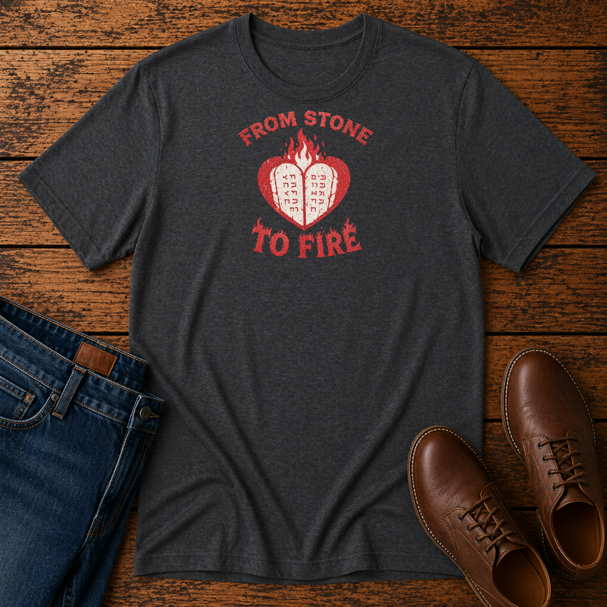 Dark heather From Stone to Fire tee with stone tablets in a flaming heart, laid flat with jeans and brown shoes