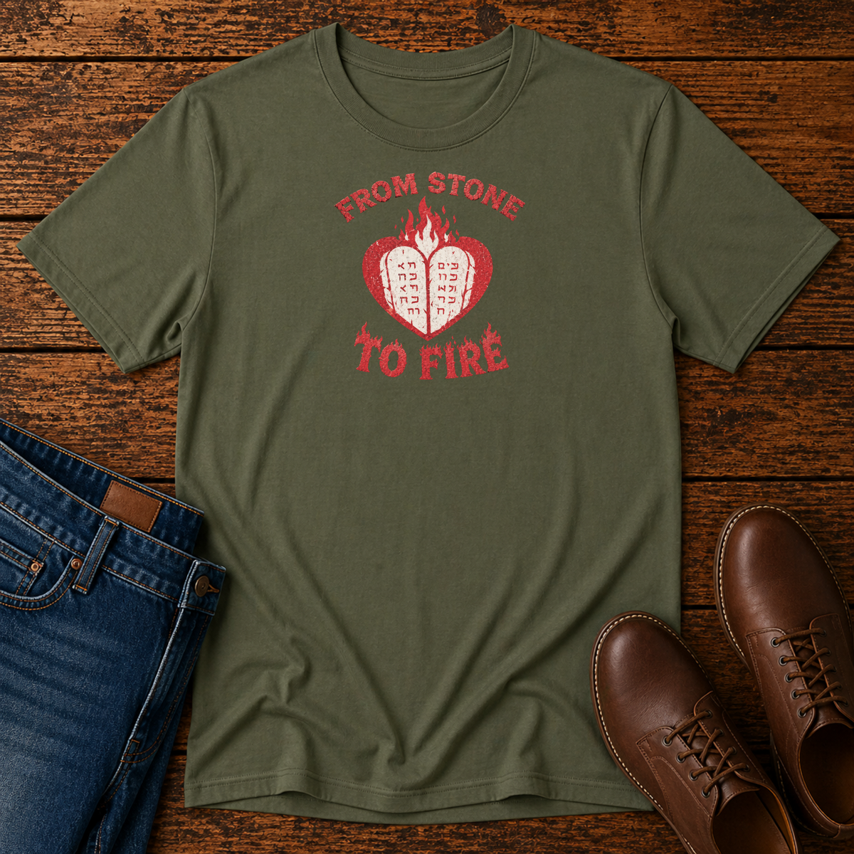 Military green From Stone to Fire tee with stone tablets in a flaming heart, laid flat with jeans and brown shoes