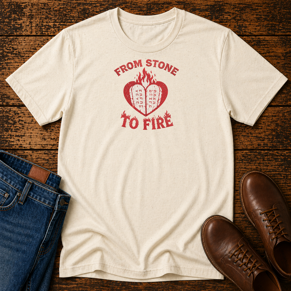 Natural From Stone to Fire tee with stone tablets in a flaming heart, laid flat with jeans and brown shoes