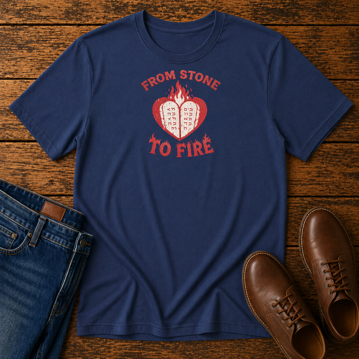 Navy From Stone to Fire tee with stone tablets in a flaming heart, laid flat with jeans and brown shoes