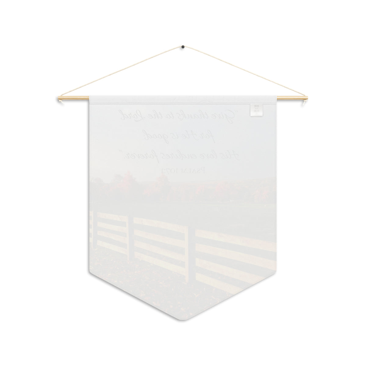 Back of the Give Thanks wall pennant, with the print showing faintly through the white fabric