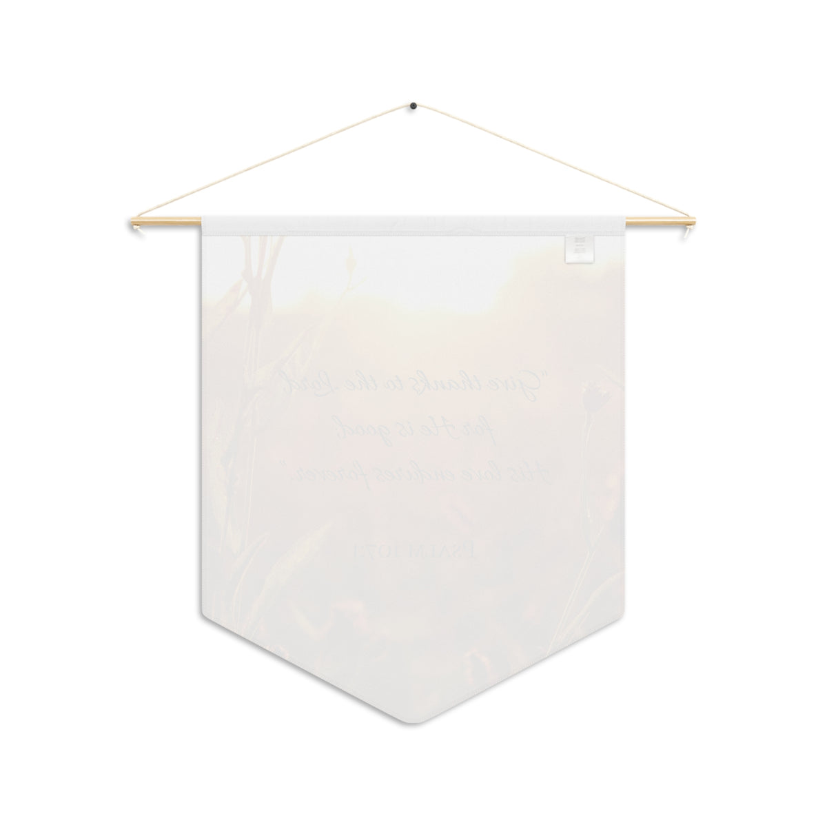 Back of the Give Thanks wall pennant, with the print showing faintly through the white fabric