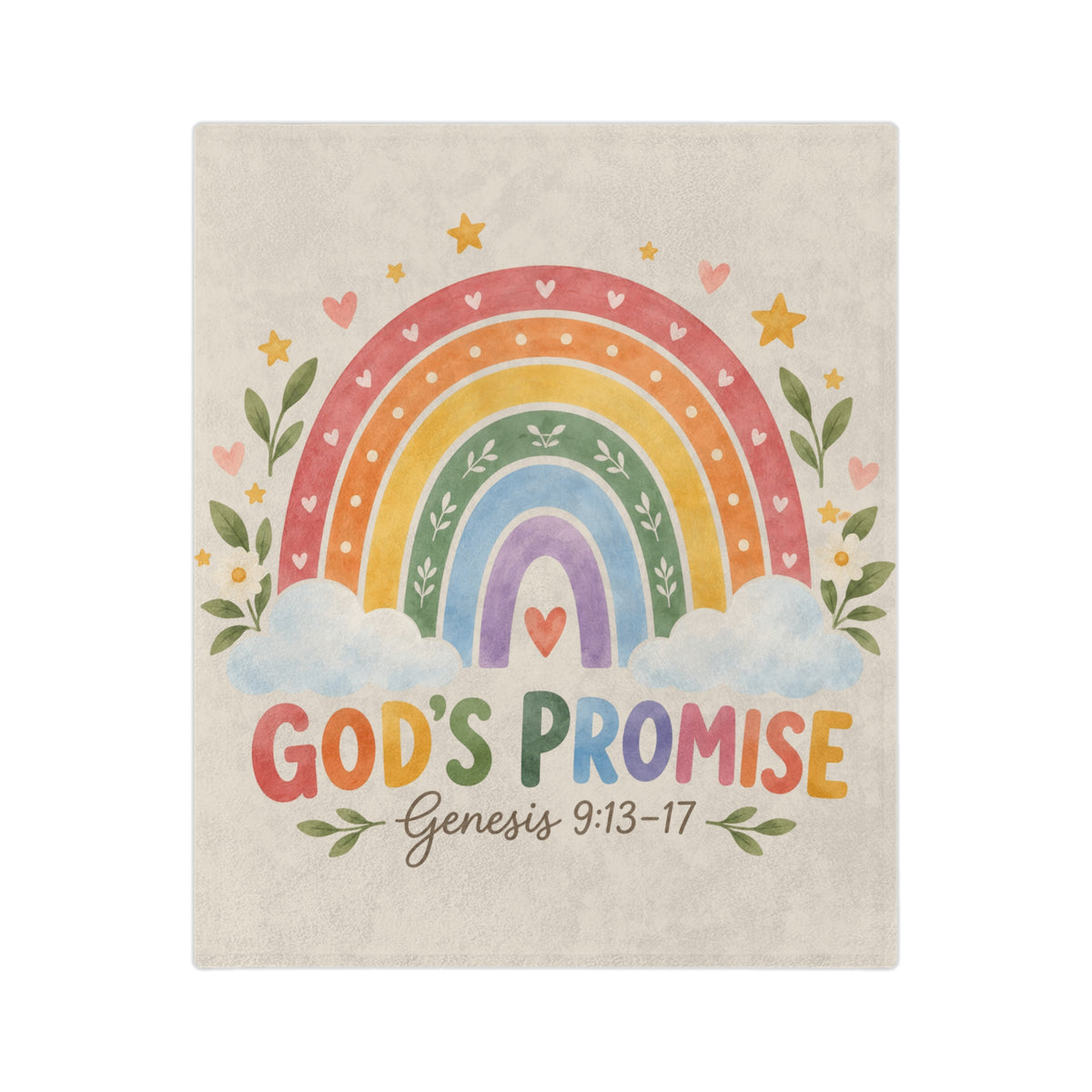 Cream God's Promise velveteen blanket with a rainbow, hearts and stars and Genesis 9:13-17, flat view