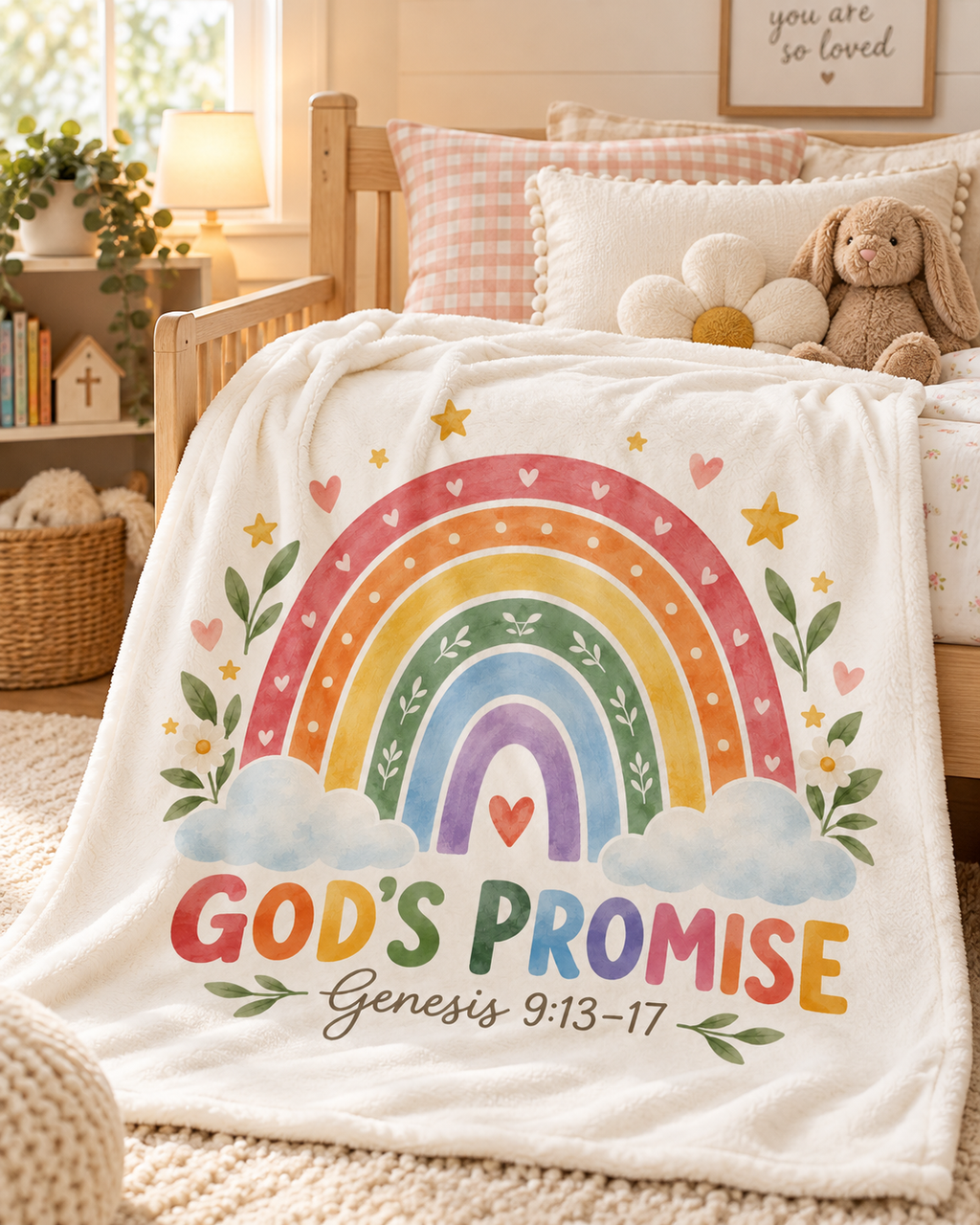 Cream God's Promise rainbow blanket with Genesis 9:13-17 draped over a child's bed