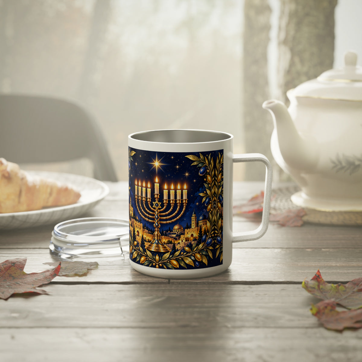 Golden Hanukkah Menorah insulated mug with lid off on a misty breakfast table with a teapot