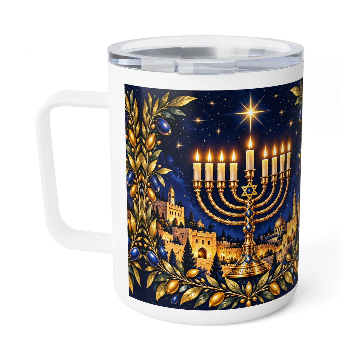 Golden Hanukkah Menorah mug with a lit hanukkiah over Jerusalem framed by olive branches, handle on the left