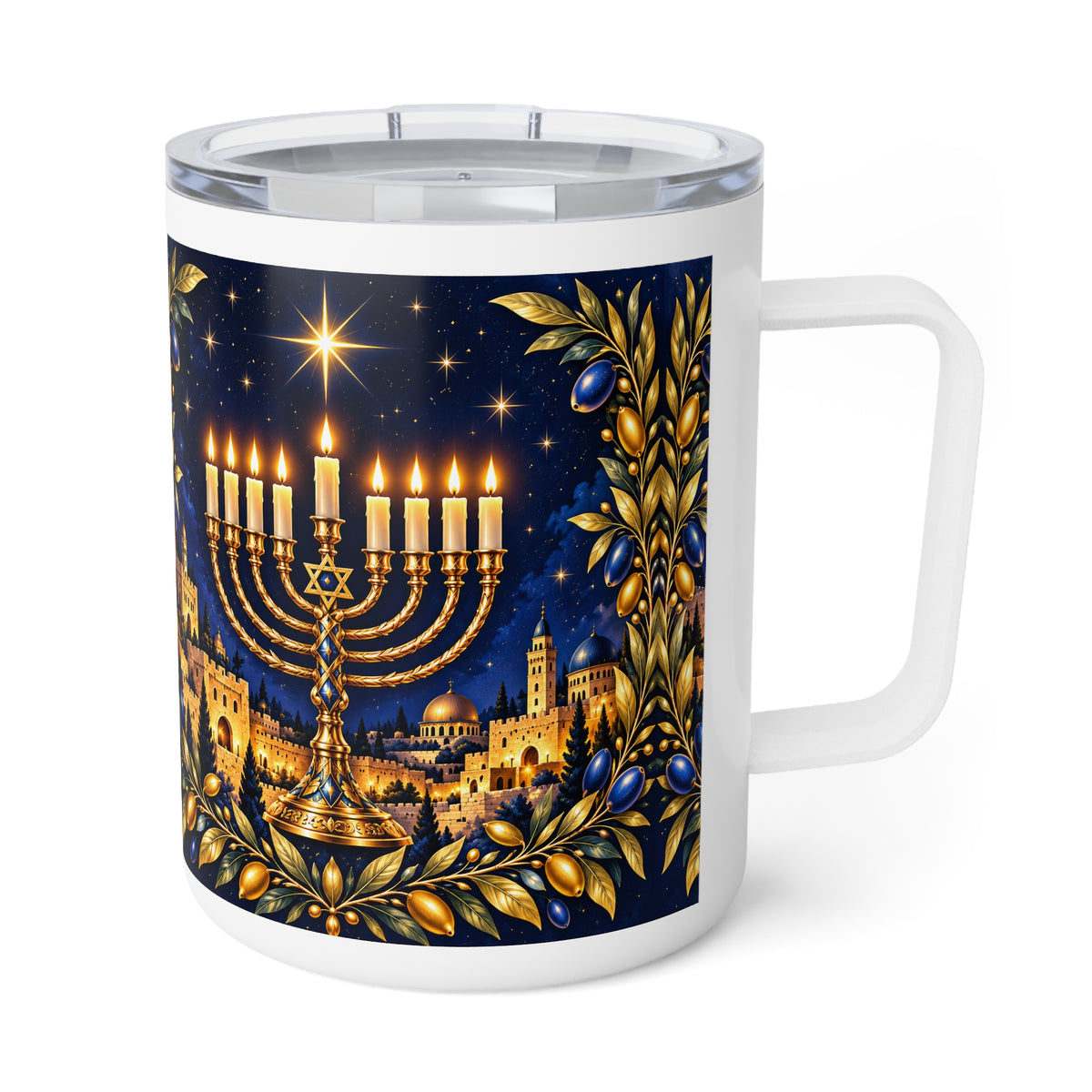 Golden Hanukkah Menorah mug with a lit hanukkiah, Star of David and Jerusalem night scene, handle on the right
