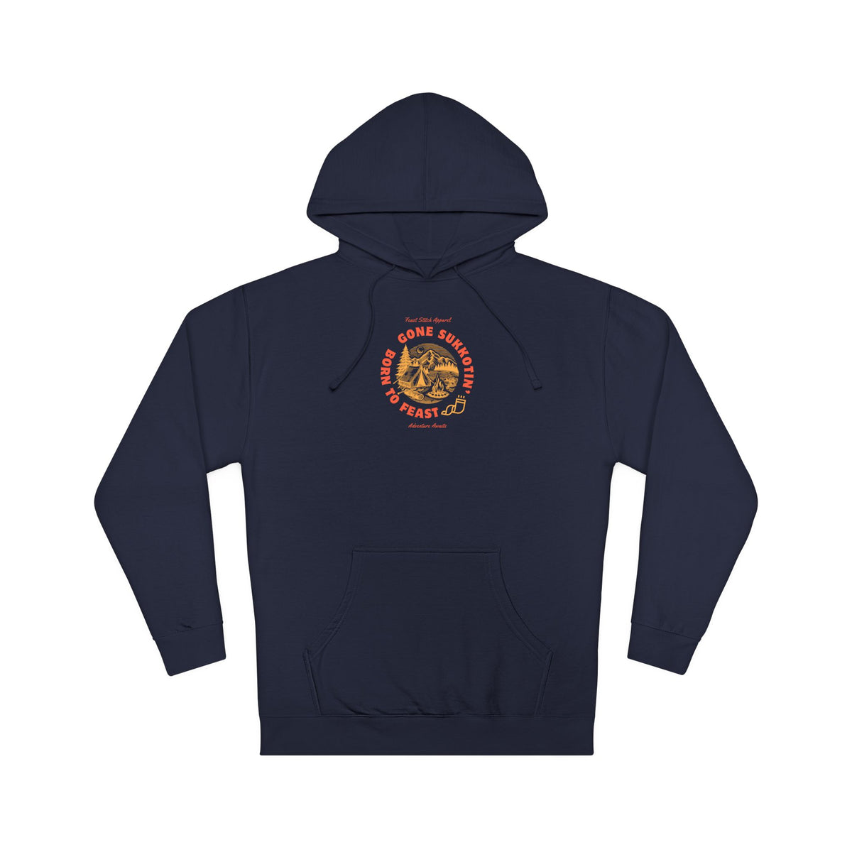 Front view of a classic navy hoodie with a small Gone Sukkotin' Born to Feast chest design