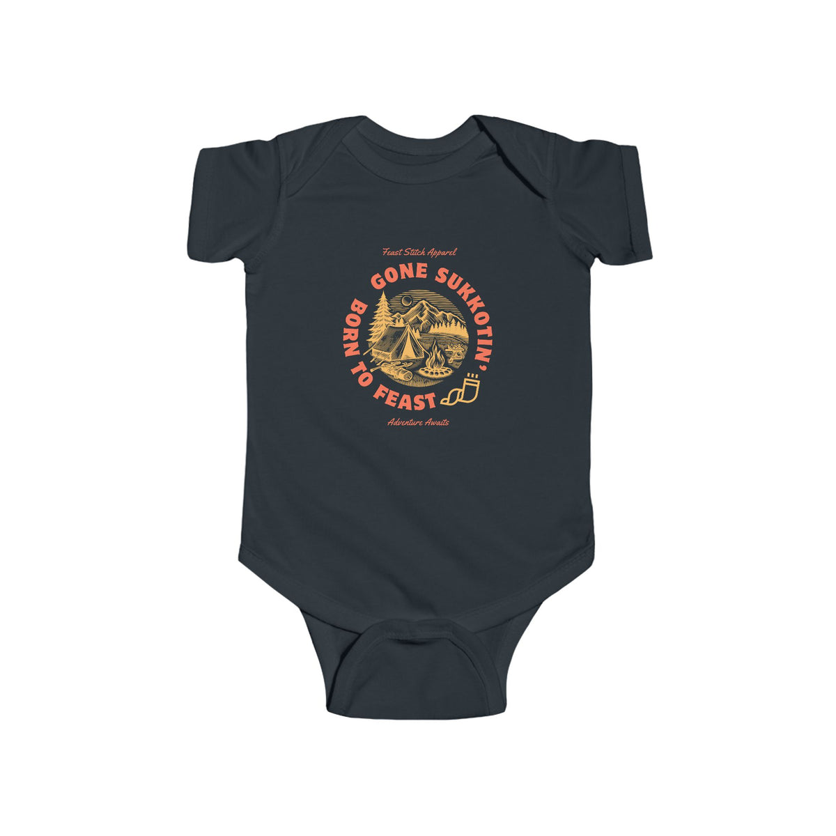 Front view of a black Gone Sukkotin' Born to Feast baby bodysuit with an orange and gold camping design