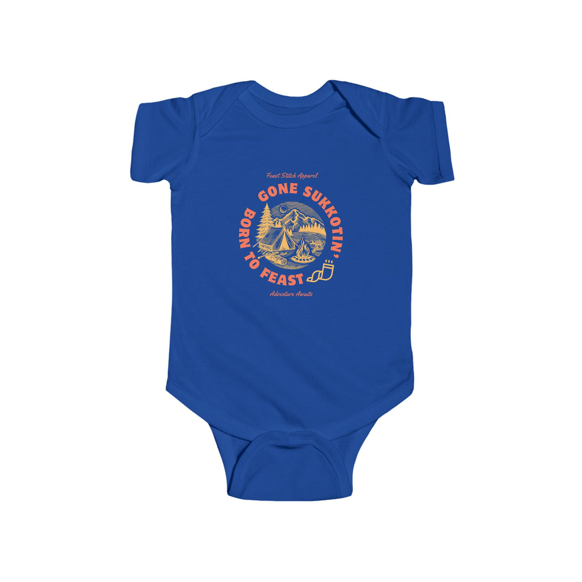 Front view of a royal blue Gone Sukkotin' Born to Feast baby bodysuit with an orange camping and shofar design
