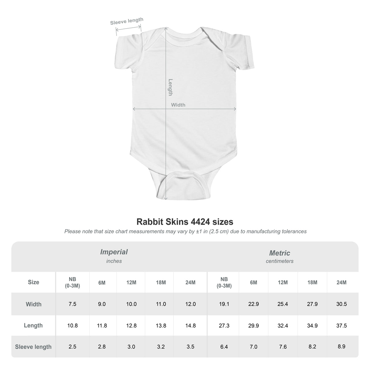 Size chart for the Rabbit Skins 4424 infant bodysuit from newborn to 24 months