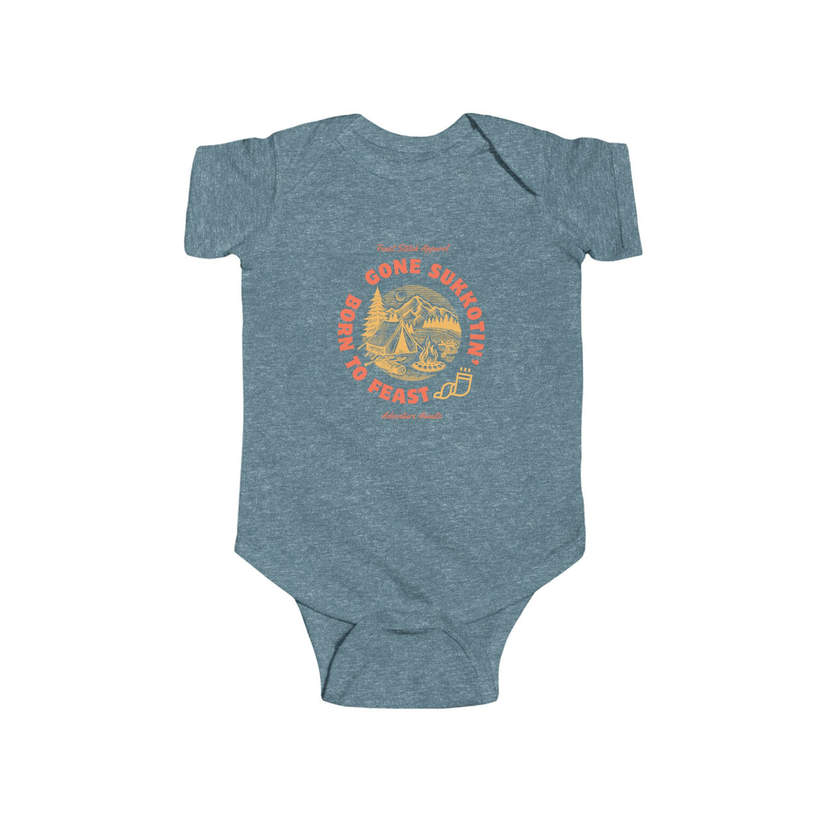 Front view of a vintage indigo Gone Sukkotin' Born to Feast baby bodysuit with an orange and gold camping design