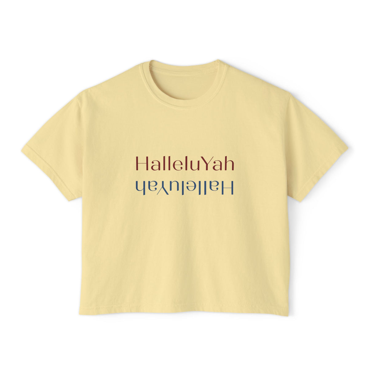 Front view of a butter yellow boxy tee with HalleluYah printed right side up and upside down