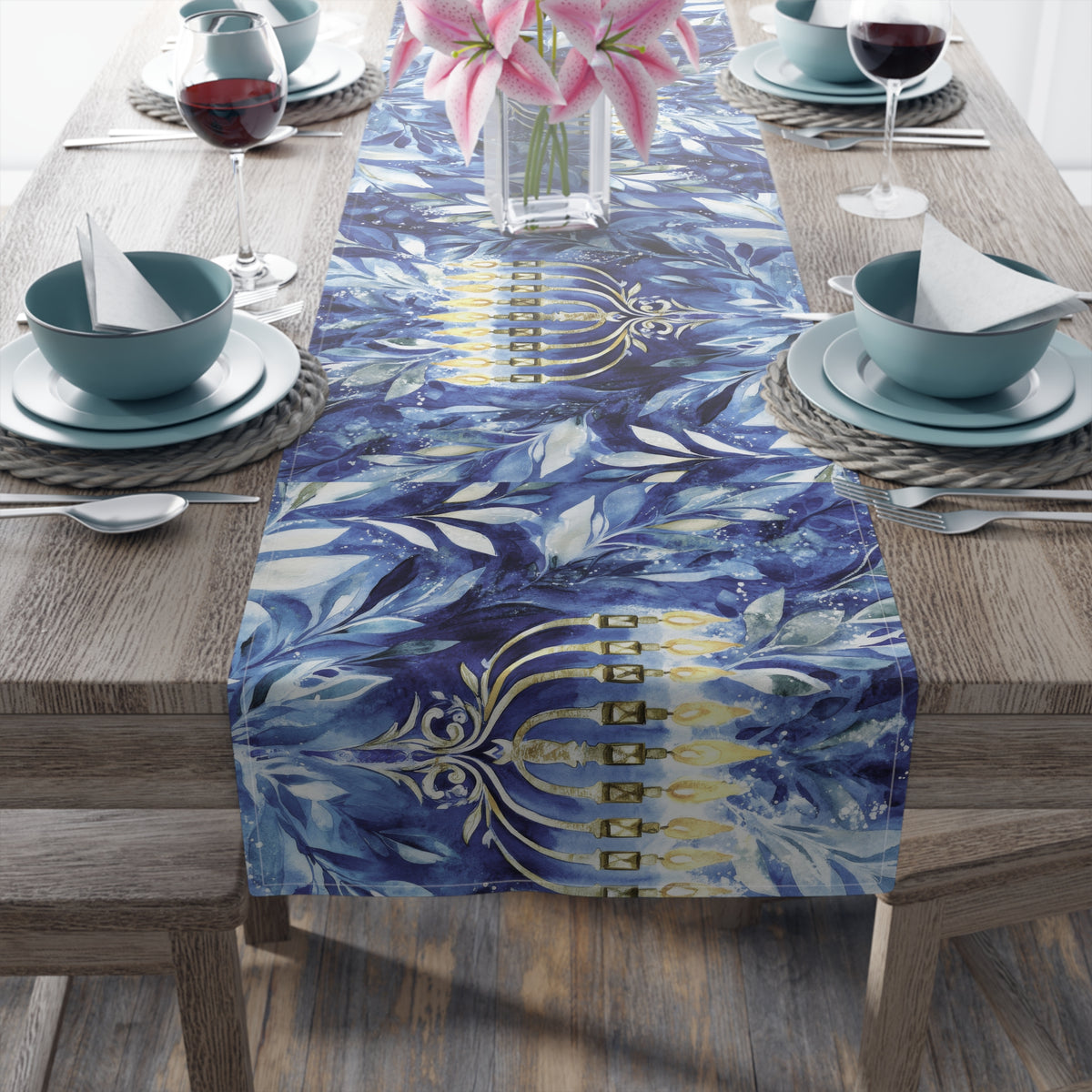Hanukkah menorah table runner close floral detail