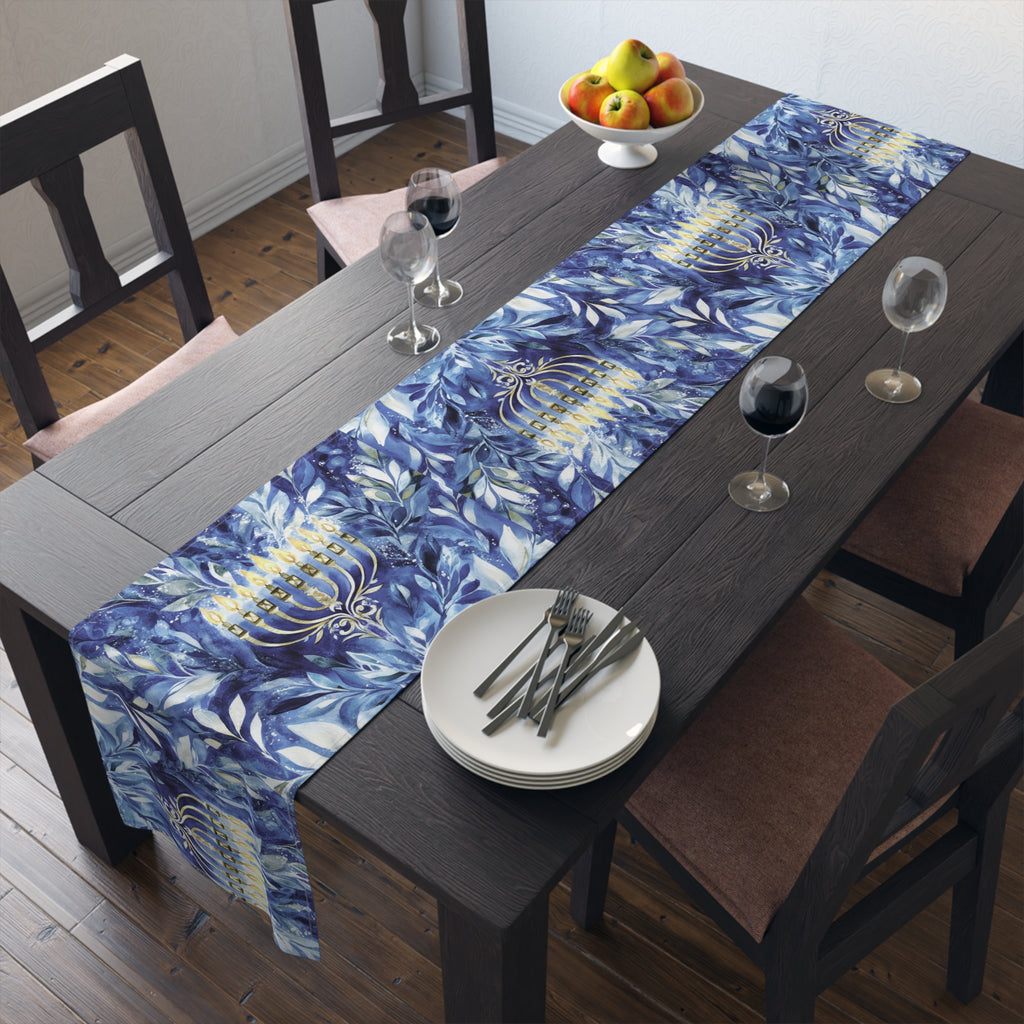 Hanukkah blue floral table runner with golden menorah