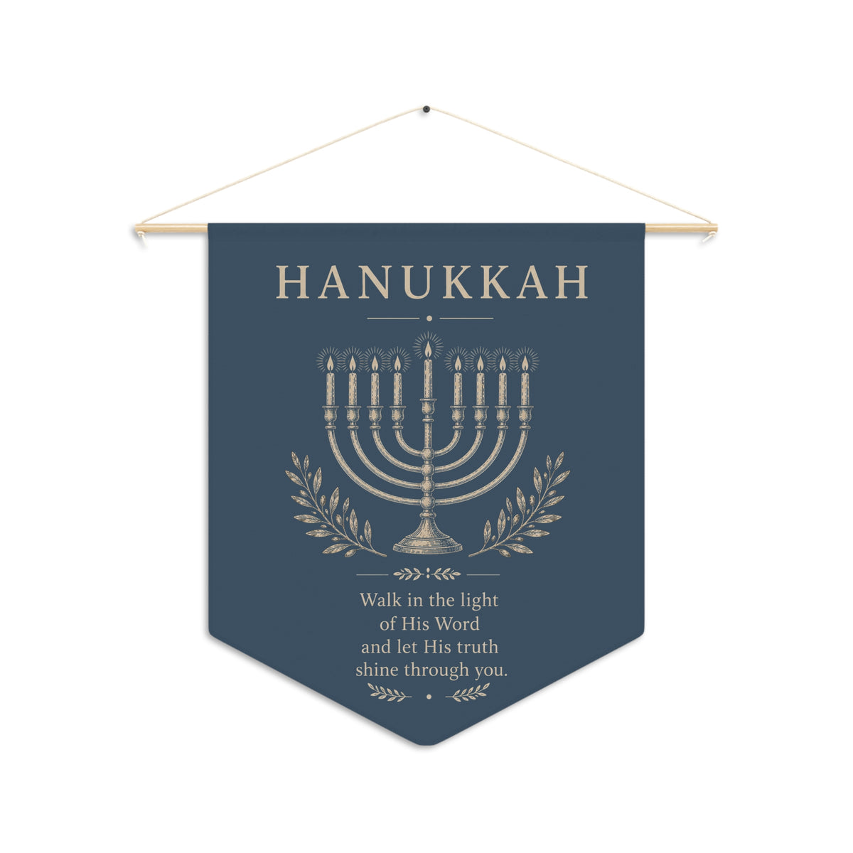 Navy Hanukkah wall pennant with a cream hanukkiah and "Walk in the light of His Word and let His truth shine through you.", on a white background