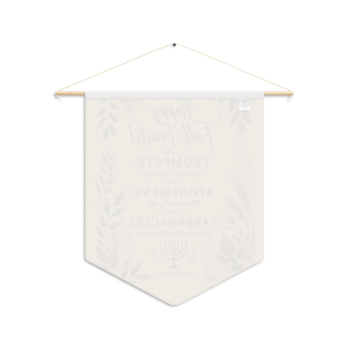 Back view of the Happy Fall Feasts pennant showing the white reverse with the design faintly visible