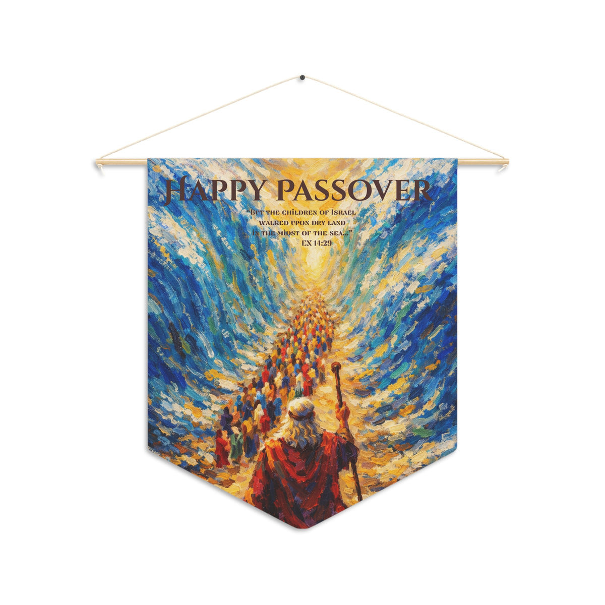 Happy Passover wall pennant with Exodus 14:29 verse over a bright blue and gold painting of the parted sea, on white