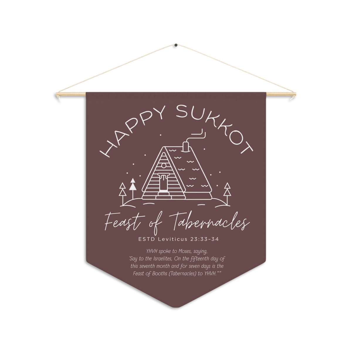 Plum Happy Sukkot Feast of Tabernacles wall pennant with a line-art sukkah and Leviticus 23:33-34, shown on a white background